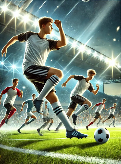 Realistische Fußballszene mit Spielern beim Torversuch im Stadion.