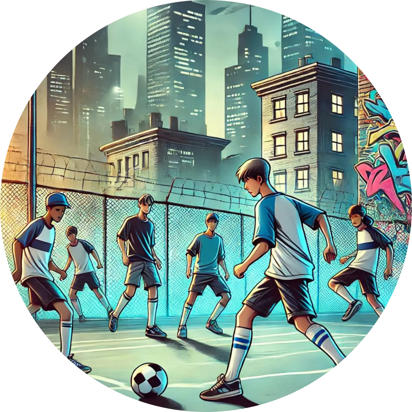 Fußball-Gruppe in urbaner Umgebung – Jugendliche spielen Fußball auf der Straße 