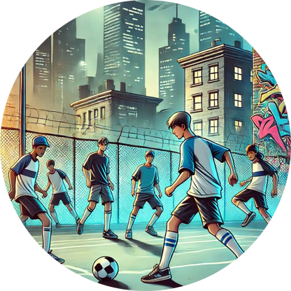 Fußball-Gruppe in urbaner Umgebung – Jugendliche spielen Fußball auf der Straße 