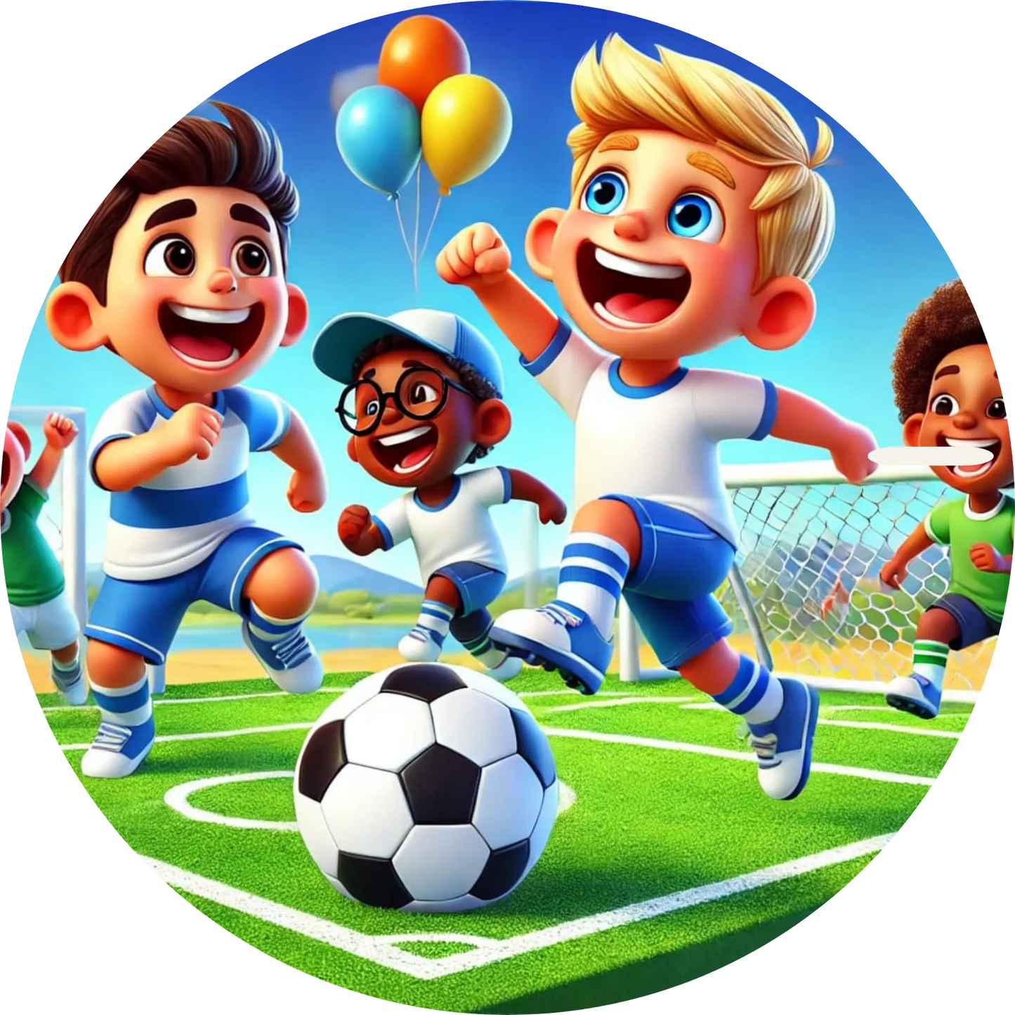Lustiges Fußballspiel mit Kindern – lebendige Comic-Illustration mit jubelnden Figuren