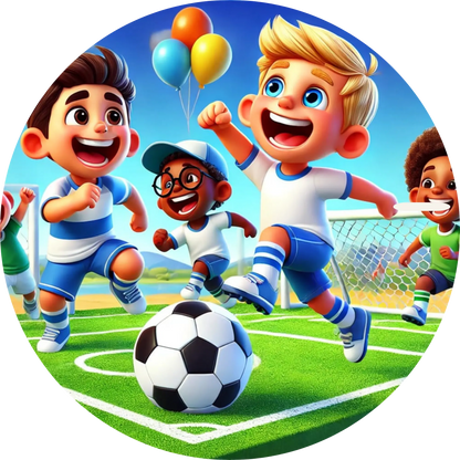 Lustiges Fußballspiel mit Kindern – lebendige Comic-Illustration mit jubelnden Figuren