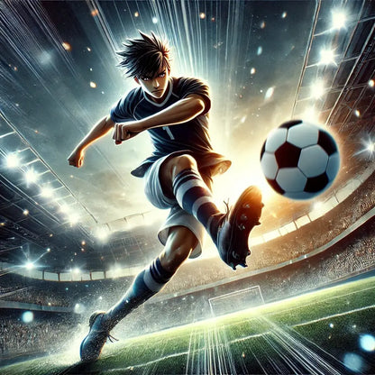 Actionreicher Fußballmoment mit einem Manga-Spieler in Sprungpose beim Schuss.