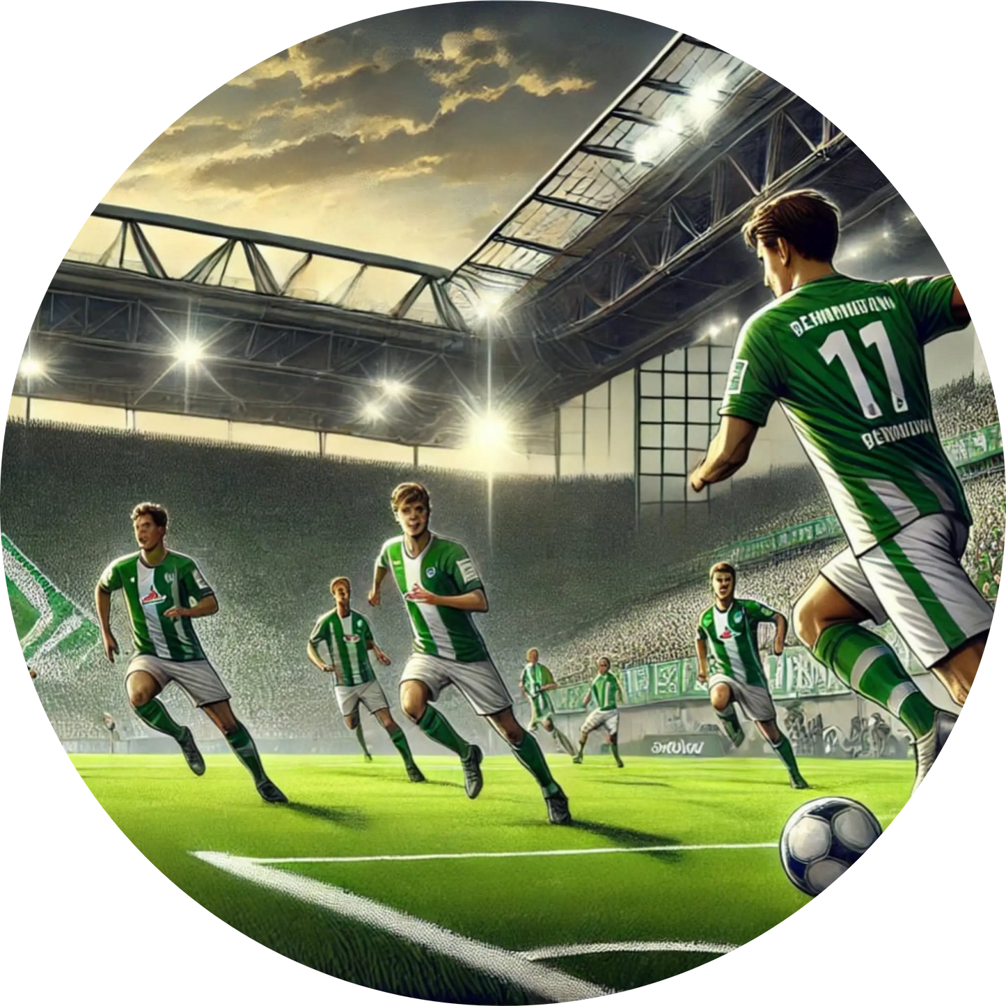Fußballspieler in Action im Stadion, Spielszene bei Flutlicht mit Publikum im Hintergrund.