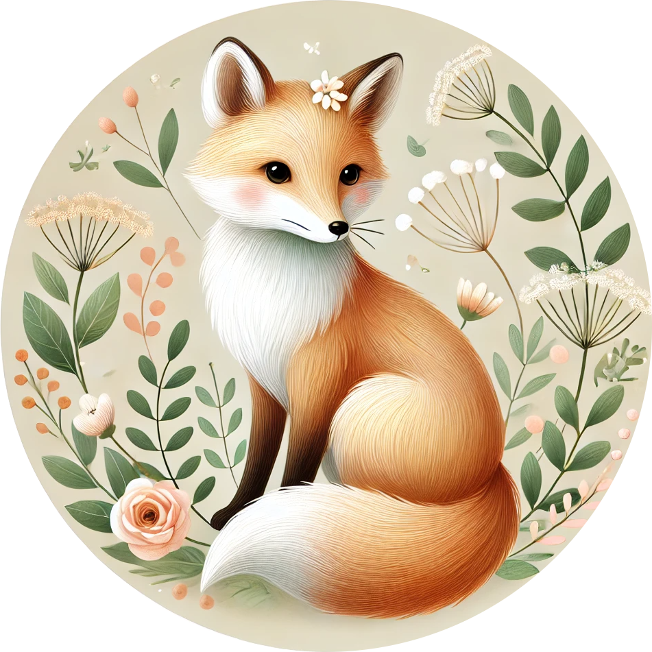 Weißer Fuchs auf hellbeigem Hintergrund mit Blumen und Zweigen – zartes Naturmotiv