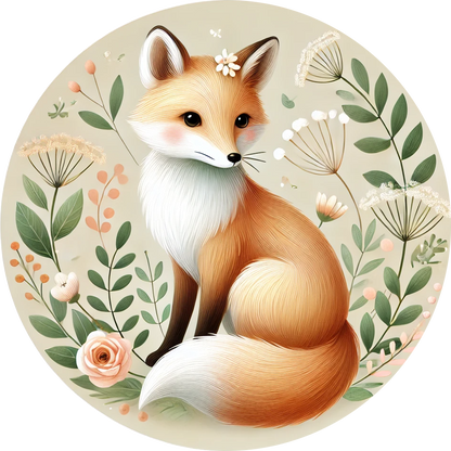 Weißer Fuchs auf hellbeigem Hintergrund mit Blumen und Zweigen – zartes Naturmotiv