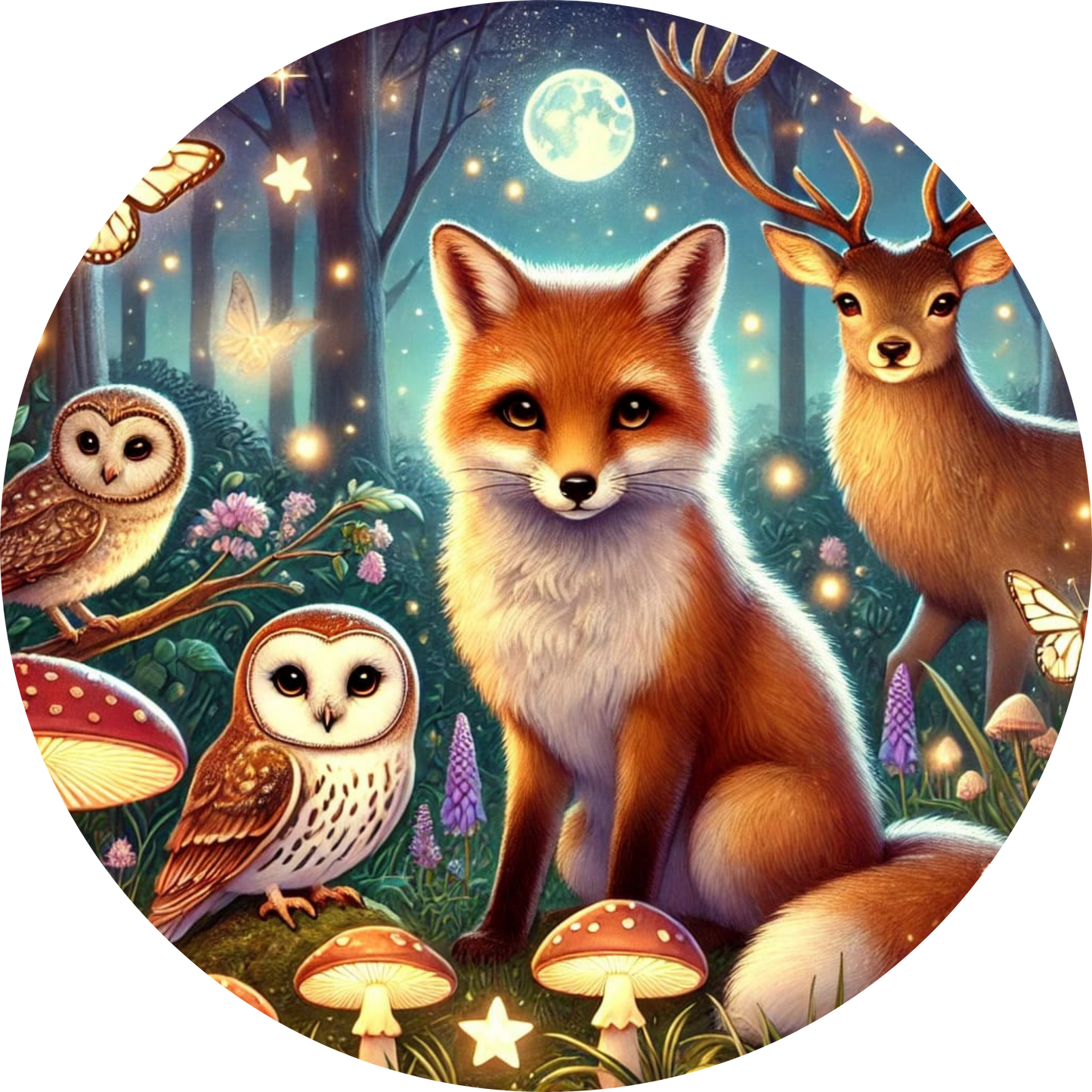 Fuchs mit zwei Eulen im nächtlichen Wald