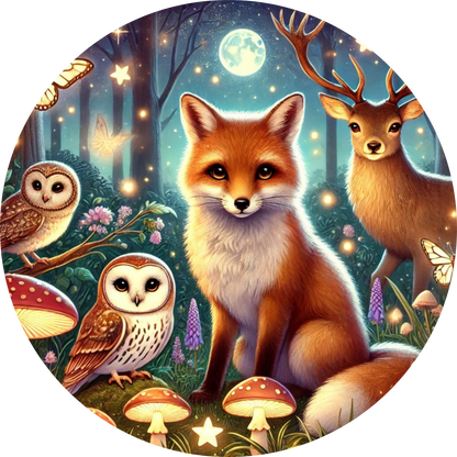 Fuchs mit zwei Eulen im nächtlichen Wald