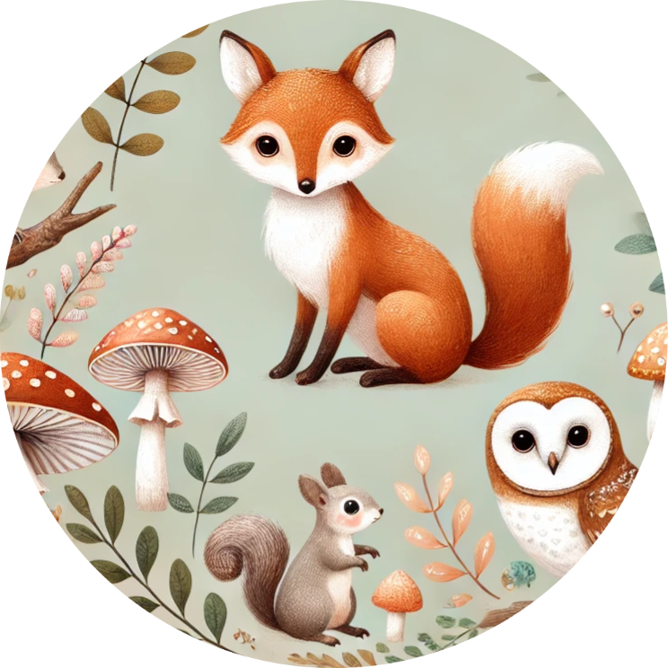 Fuchs mit Pilzen und kleinem Vogel auf Wiese – liebevolle Waldszene