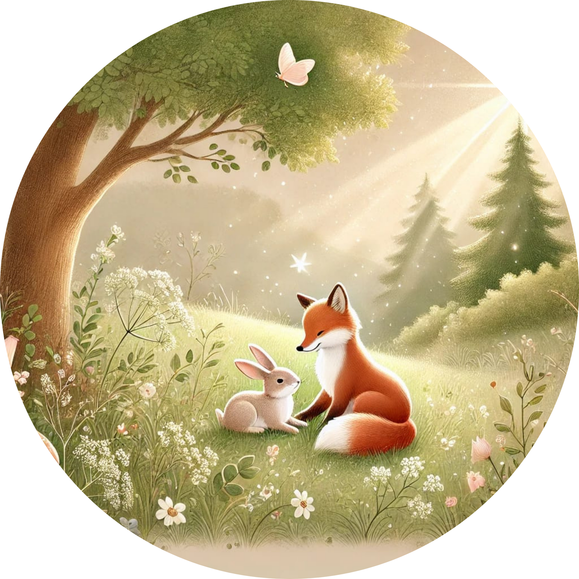 Fuchs und Hase auf einer sonnenüberfluteten Waldlichtung