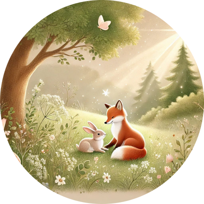 Fuchs und Hase auf einer sonnenüberfluteten Waldlichtung