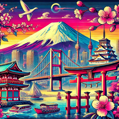 Farbenfrohe Pop-Art-Collage mit dem Fuji, rotem Torii und Kirschblüten – ergänzt durch bunte Linien und fantasievolle Details.