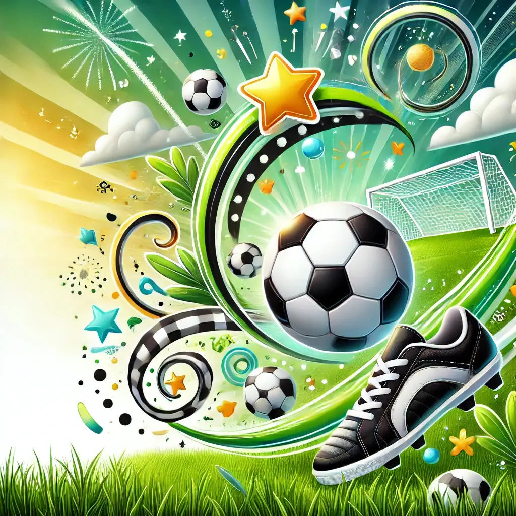 Fußballschuhe mit Ball auf grünem Rasen – digitaler Splash-Art-Stil.