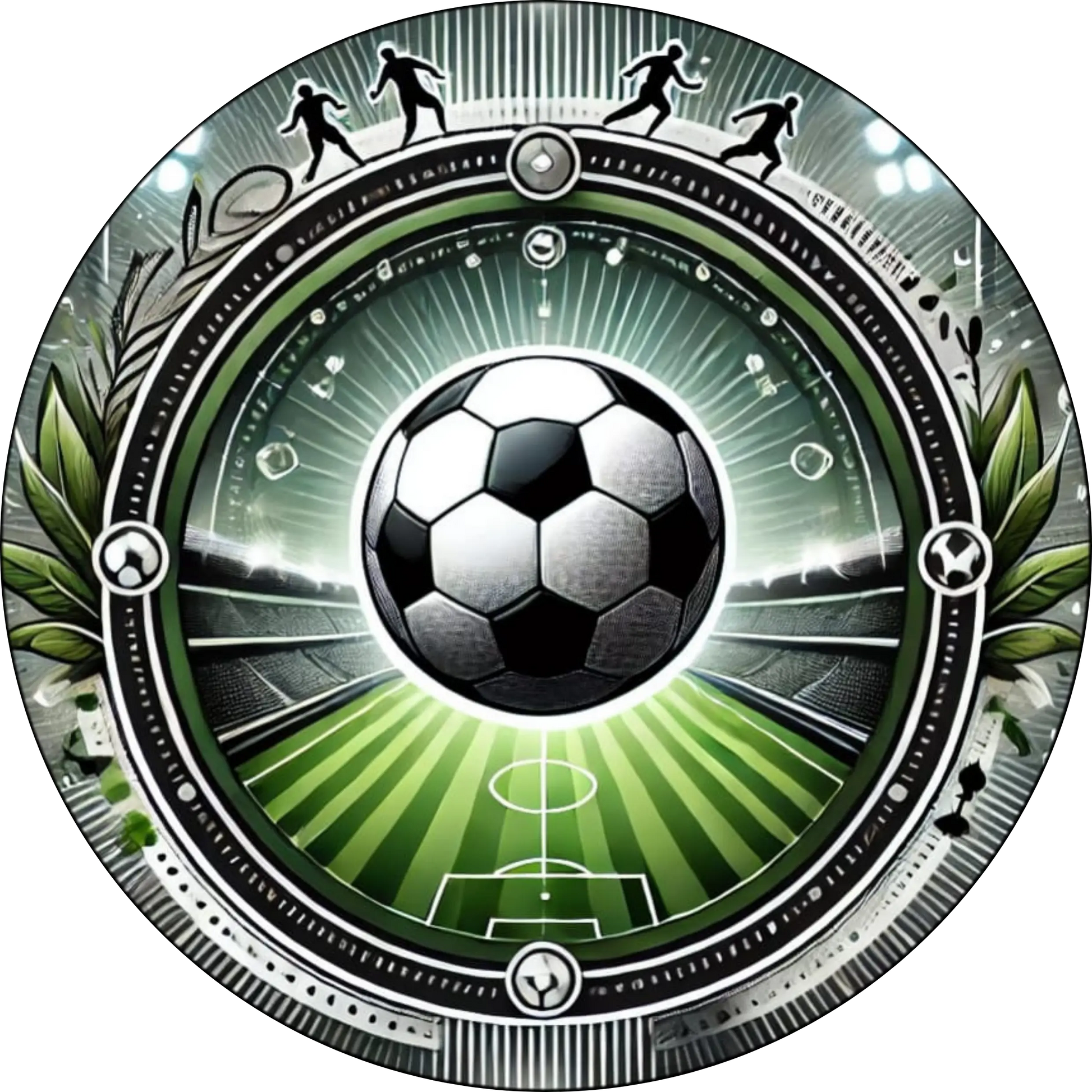 Dynamisches Fußball-Motiv mit Blick auf ein Spielgeschehen aus der Perspektive eines Spielers – mit Ball im Vordergrund und Flutlicht-Atmosphäre im Hintergrund. Ideal für alle Fußballfans und Sportbegeisterten.