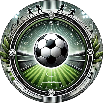 Dynamisches Fußball-Motiv mit Blick auf ein Spielgeschehen aus der Perspektive eines Spielers – mit Ball im Vordergrund und Flutlicht-Atmosphäre im Hintergrund. Ideal für alle Fußballfans und Sportbegeisterten.