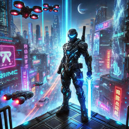Futuristischer Manga-Soldat in Cyberszene mit Neonlichtern und fliegenden Robotern.