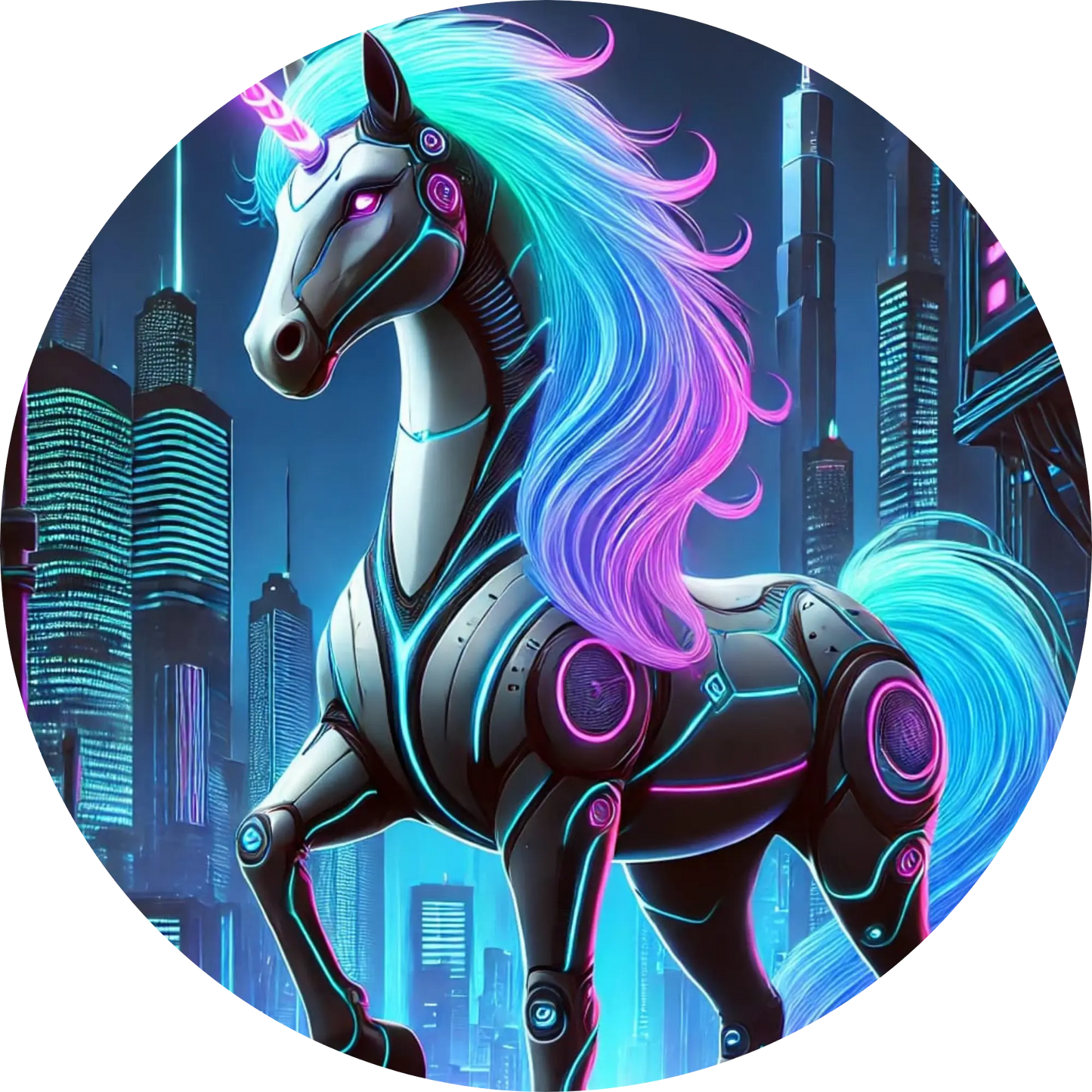 Futuristisches Einhorn mit blauer Mähne vor Cyberpunk-Kulisse