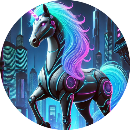 Futuristisches Einhorn mit blauer Mähne vor Cyberpunk-Kulisse