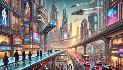 Zukunftsstadt mit Hochhäusern und schwebenden Plattformen – Fantasievolle Illustration einer futuristischen Metropole.