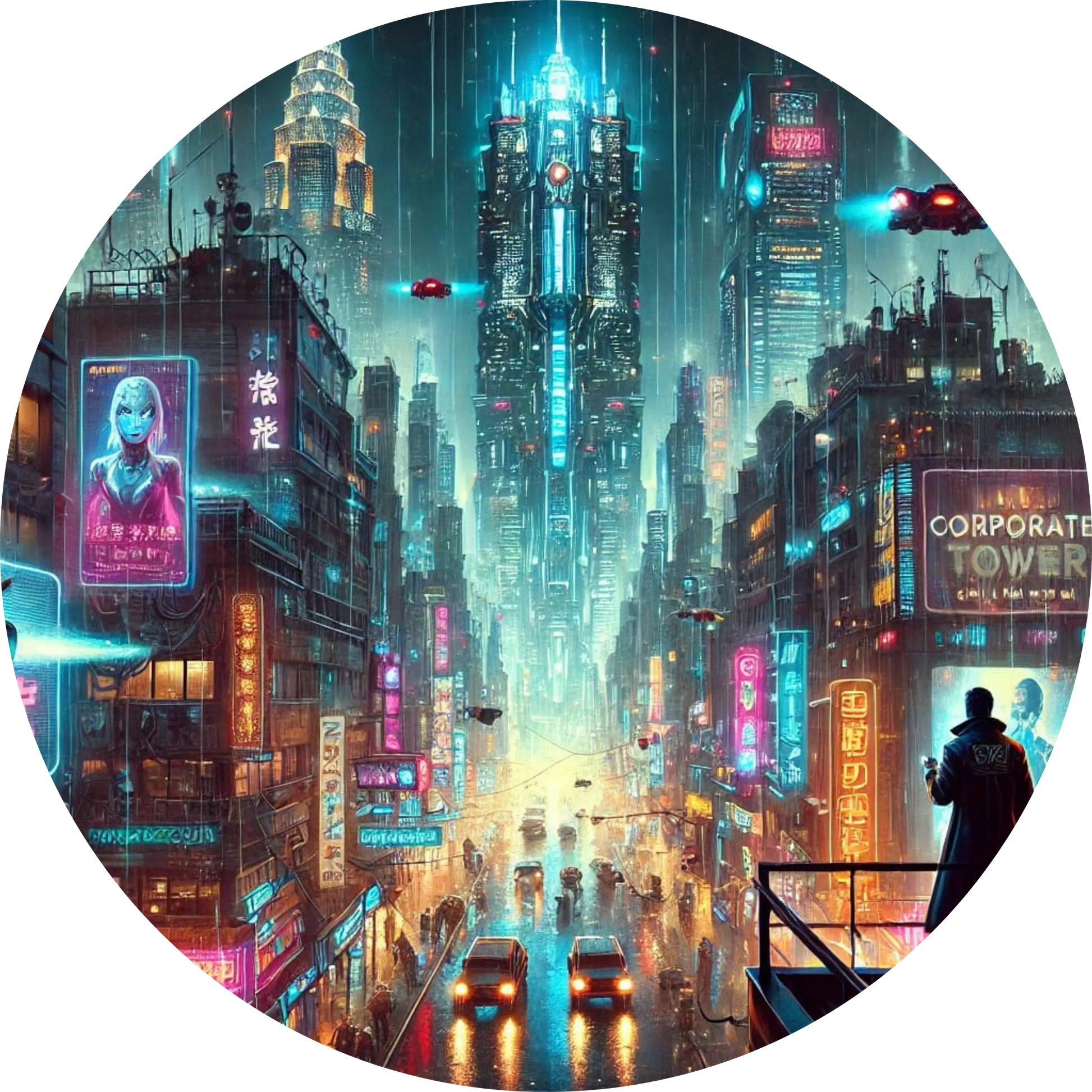 Neonbeleuchtete Großstadt bei Nacht mit futuristischer Skyline