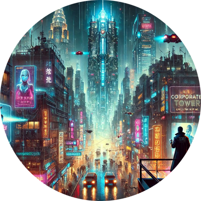 Neonbeleuchtete Großstadt bei Nacht mit futuristischer Skyline