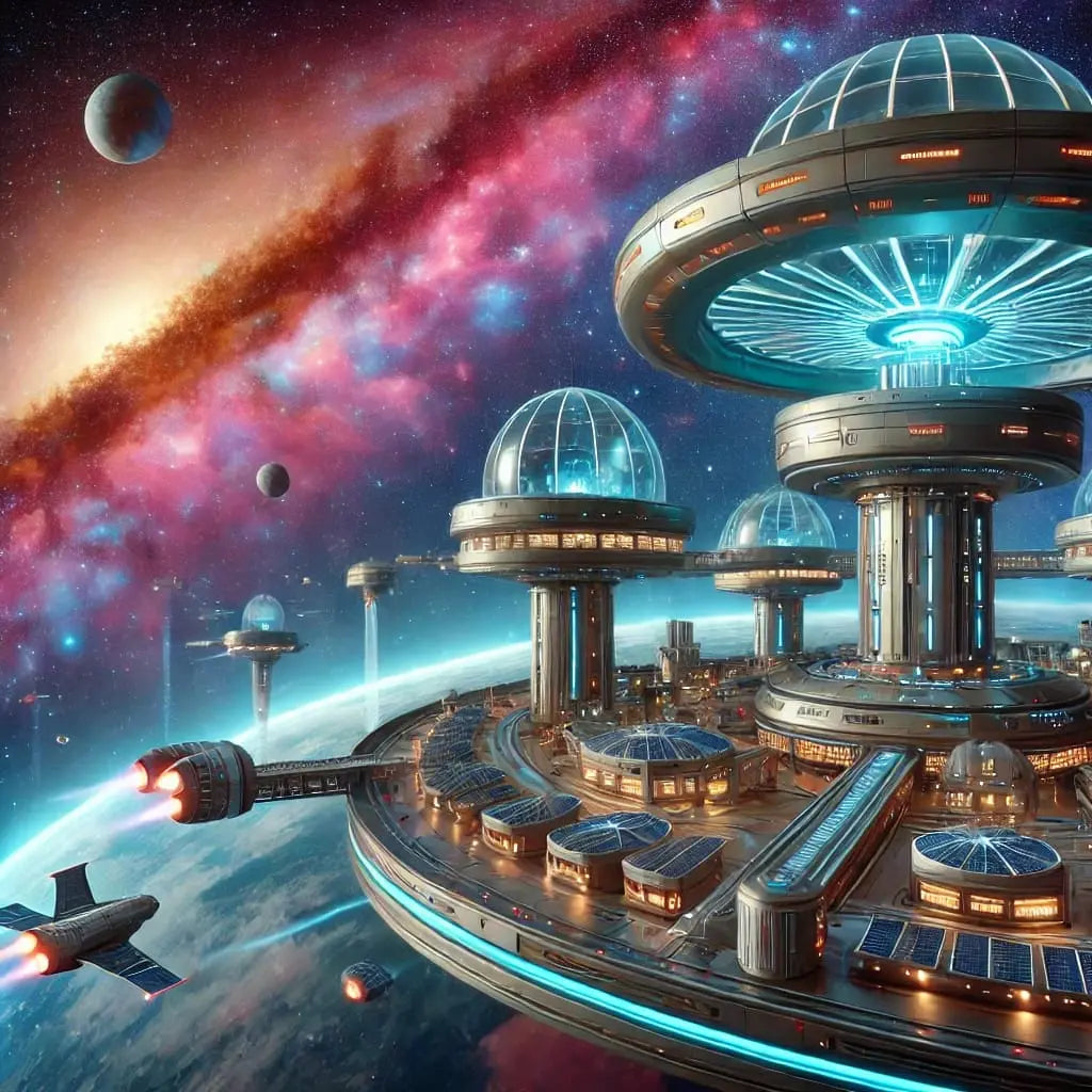 Futuristische Raumstation mit Kuppeln in galaktischer Umgebung.