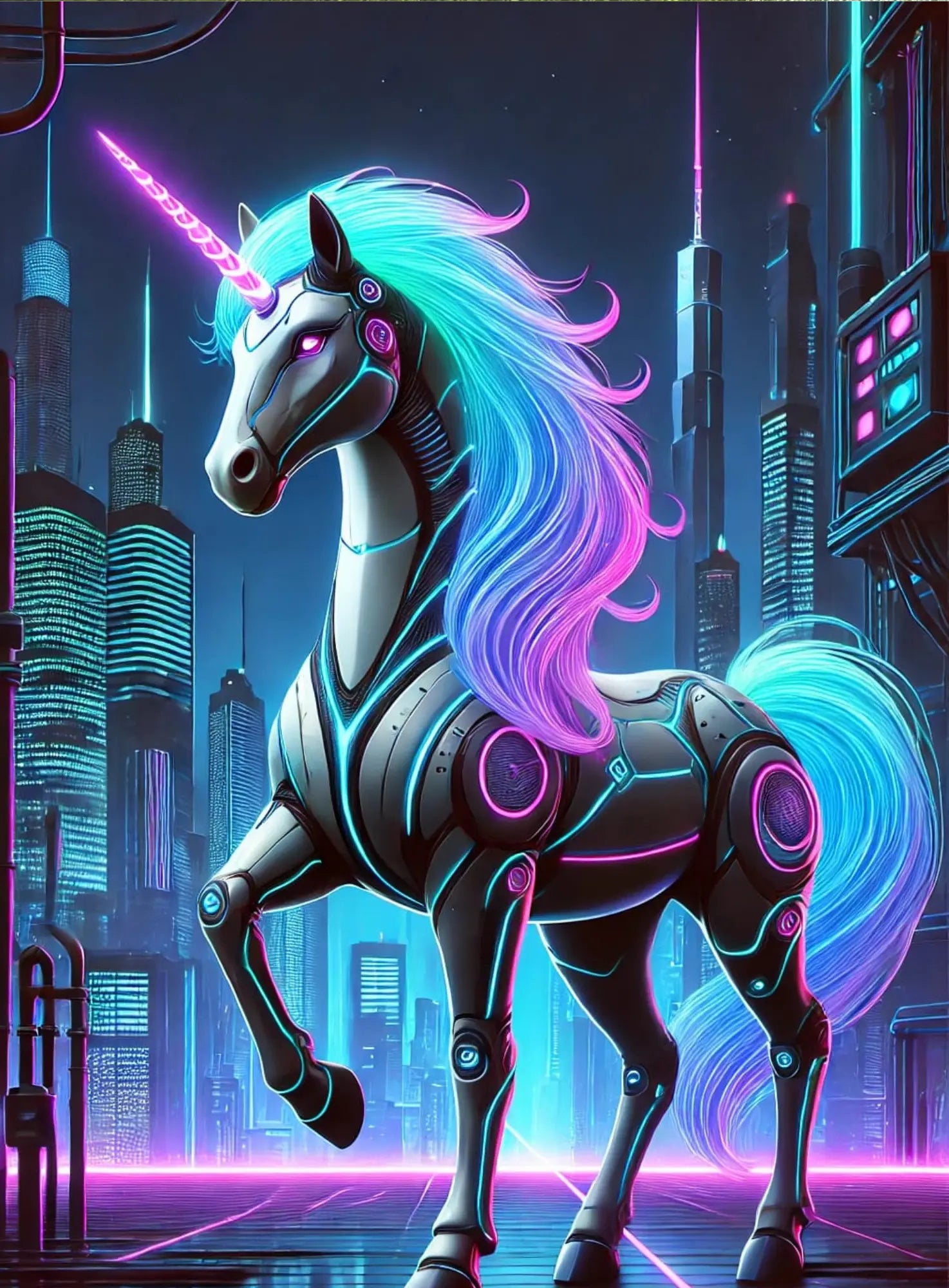 Futuristisches Einhorn in Neonfarben steht in einer Cyberpunk-Stadt bei Nacht – modernes, auffälliges Design mit Sci-Fi-Atmosphäre.