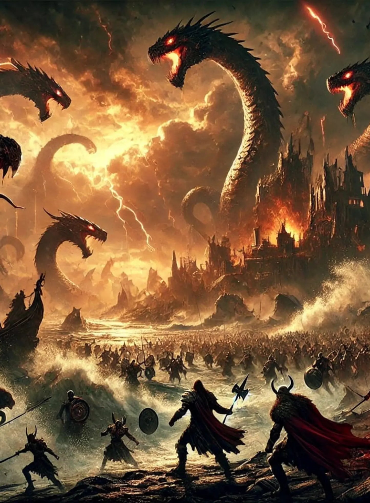 Apokalyptischer Kampf mit Drachen und Kriegern – Szenario der Ragnarök, dem Götterdämmerung-Endkampf aus der nordischen Mythologie.