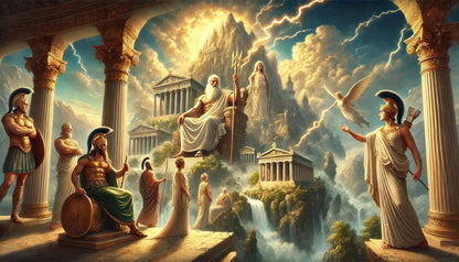 Majestätische Darstellung des Olymps mit den Göttern der griechischen Mythologie. Im Zentrum thront Zeus mit Blitzbündel, umgeben von weiteren Göttergestalten wie Hermes, Athena und Aphrodite. Antike Tempelarchitektur, Wasserfälle und himmlisches Licht verleihen dem Bild eine göttliche, erhabene Atmosphäre.

