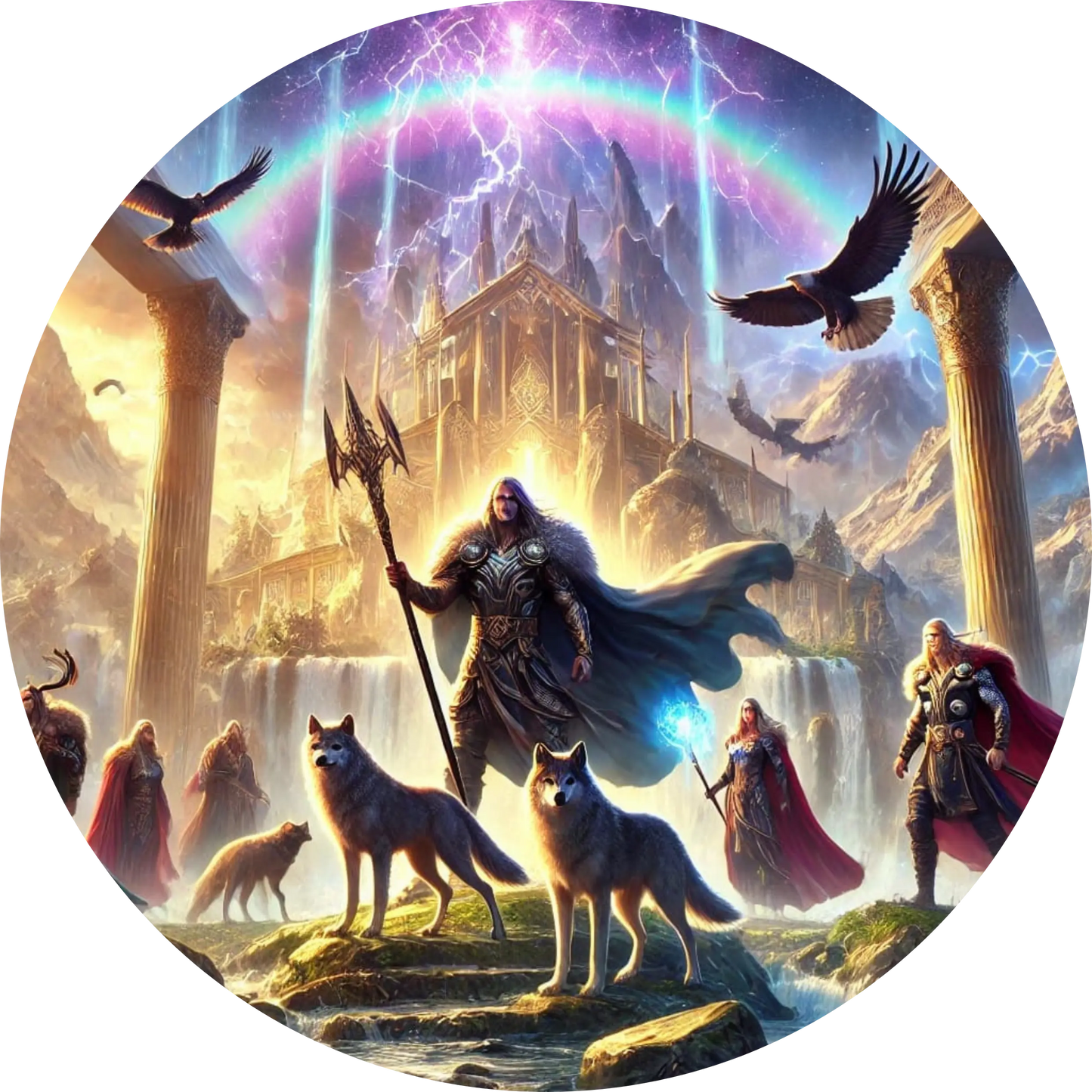 Göttervater Odin mit Speer, begleitet von seinen Raben und Wölfen, schreitet vor einem leuchtenden Palast durch eine Szene voll Macht und Magie.