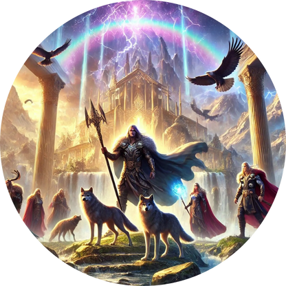 Göttervater Odin mit Speer, begleitet von seinen Raben und Wölfen, schreitet vor einem leuchtenden Palast durch eine Szene voll Macht und Magie.