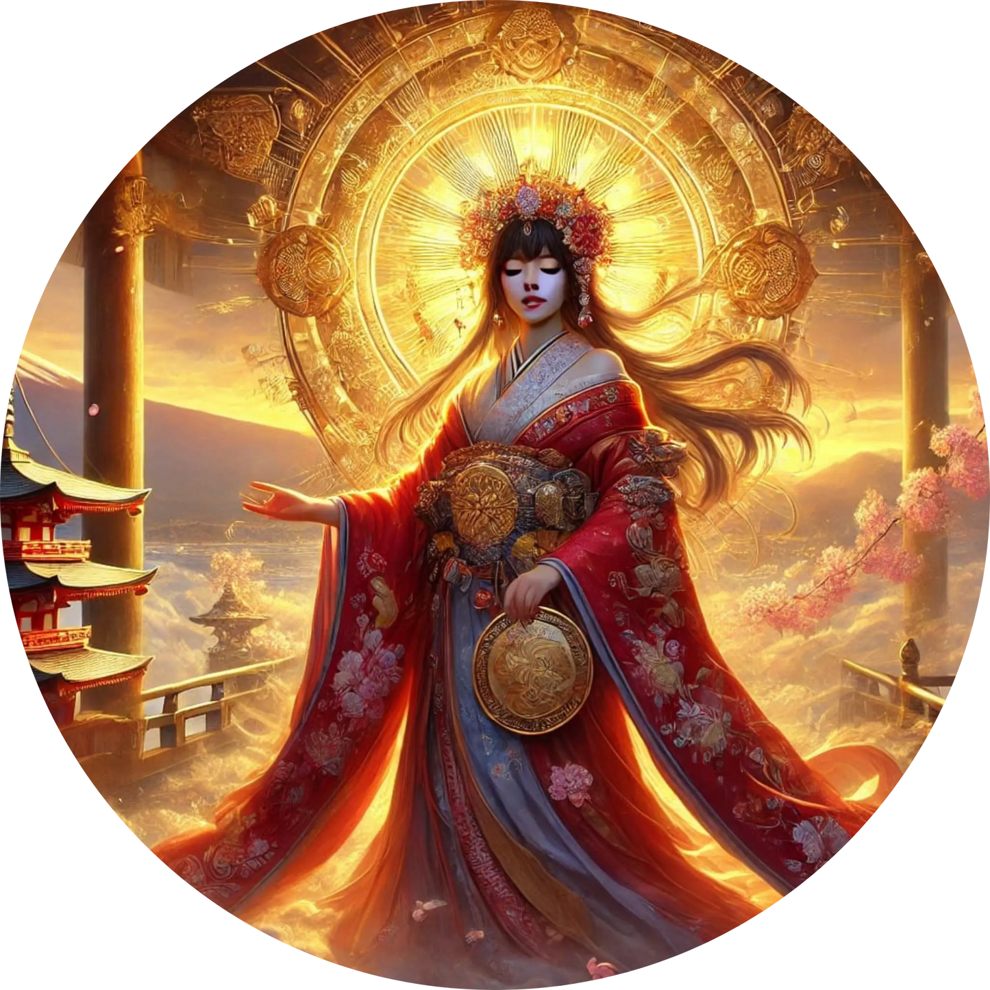 Glänzende Göttin mit Sonne und Lotusblumen – chinesisch inspirierte Göttinnenfigur