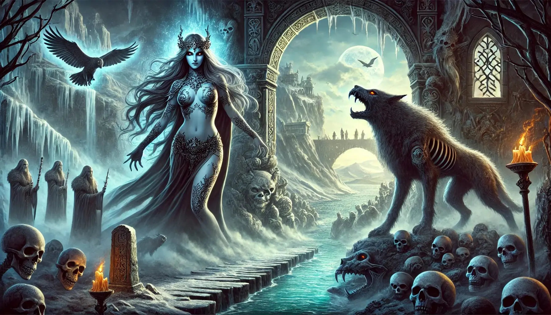 Göttin mit Wölfen unter dem Mond – mystische Darstellung nordischer Legenden.