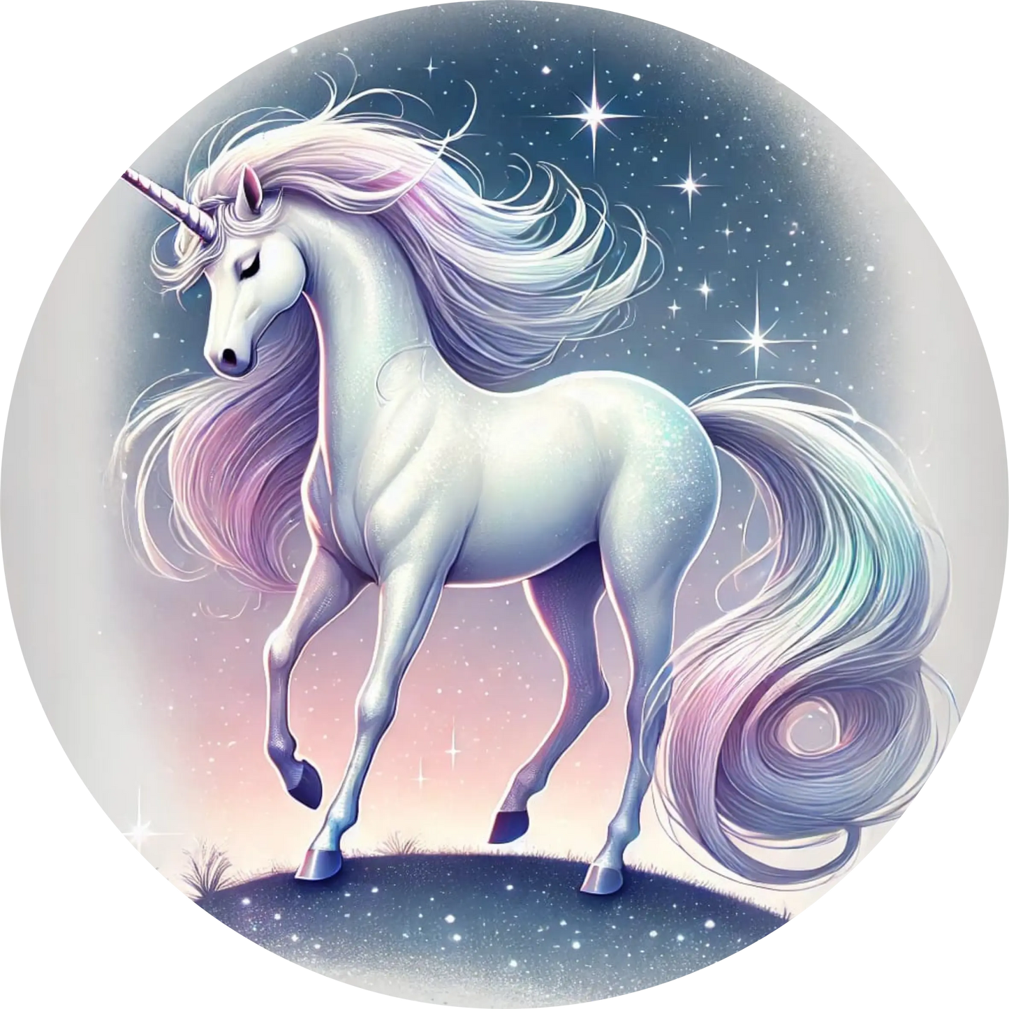 Einhorn mit weißem Fell auf galaktischem Hintergrund