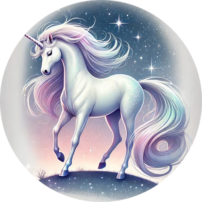 Einhorn mit weißem Fell auf galaktischem Hintergrund