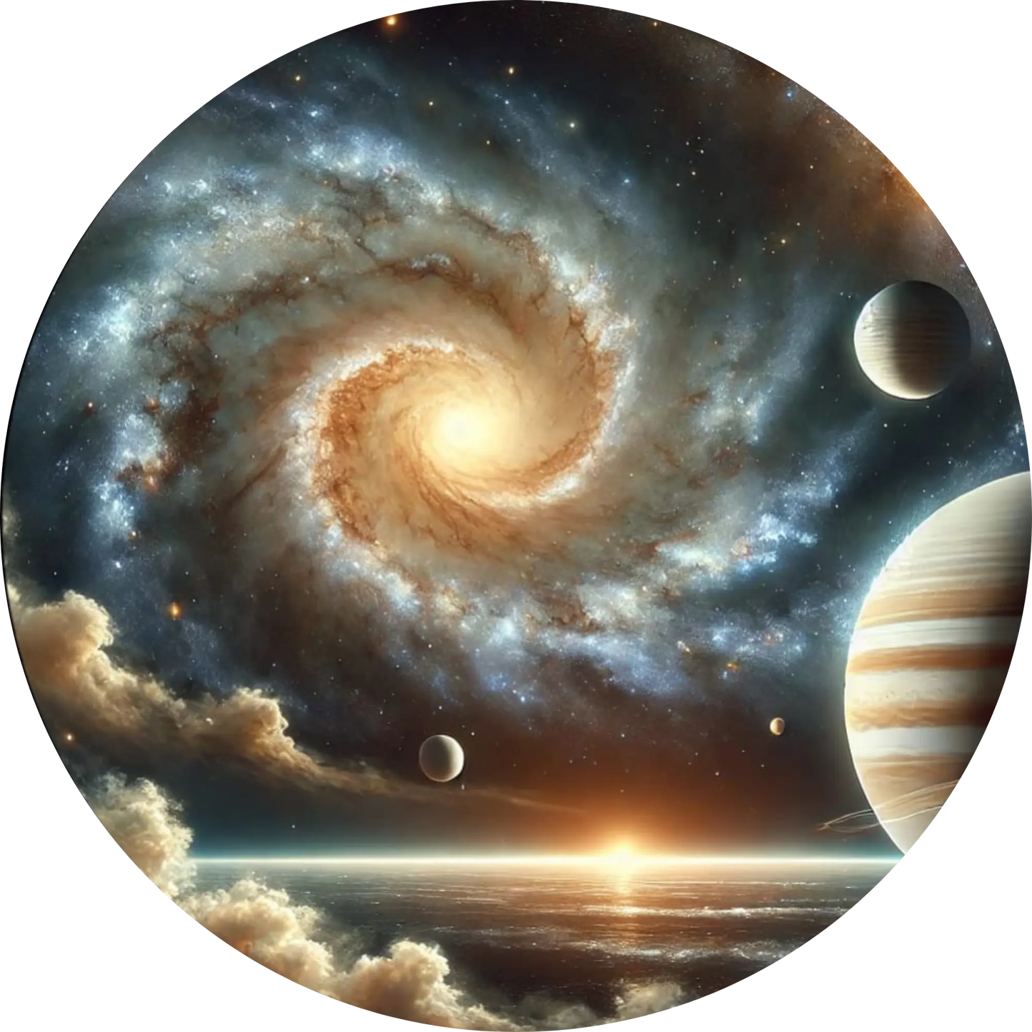 Eine beige Spiralgalaxie mit leuchtenden Effekten. Mehrere Monde sind zu sehen.