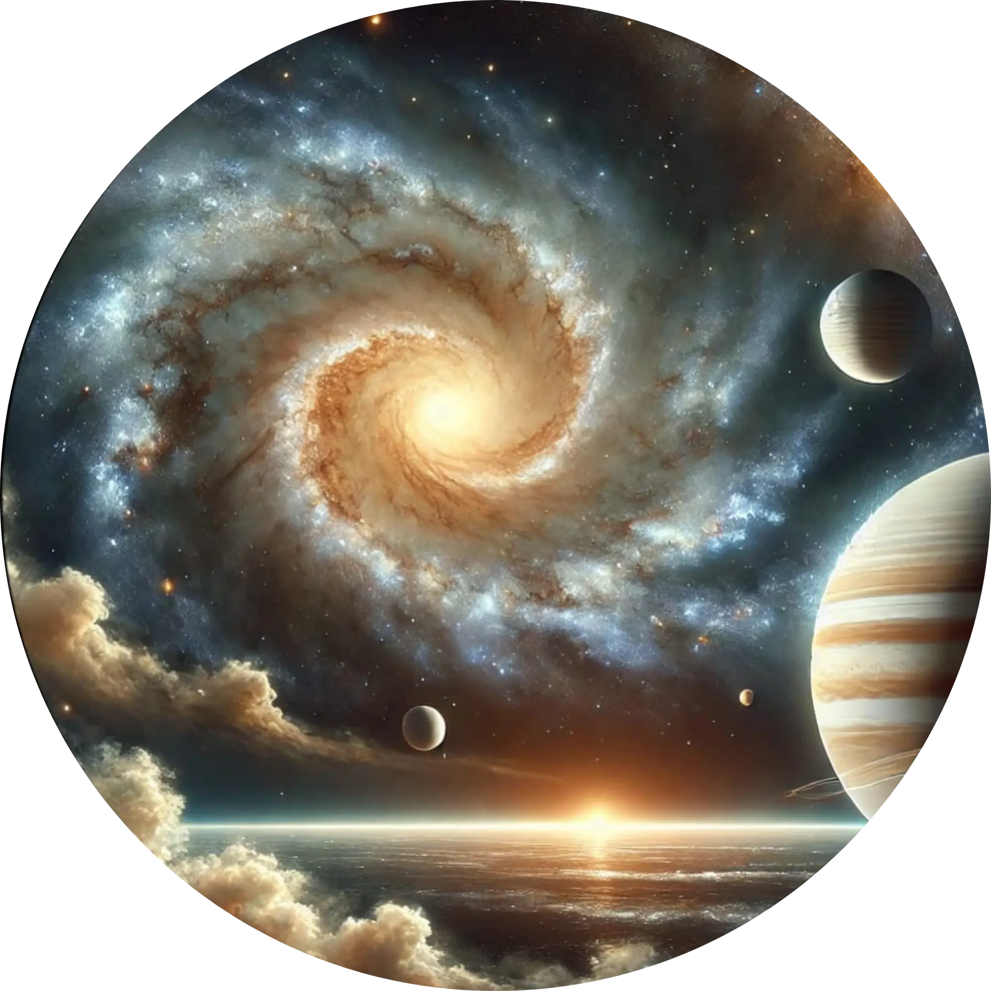 Eine beige Spiralgalaxie mit leuchtenden Effekten. Mehrere Monde sind zu sehen.