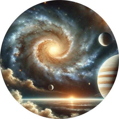 Eine beige Spiralgalaxie mit leuchtenden Effekten. Mehrere Monde sind zu sehen.