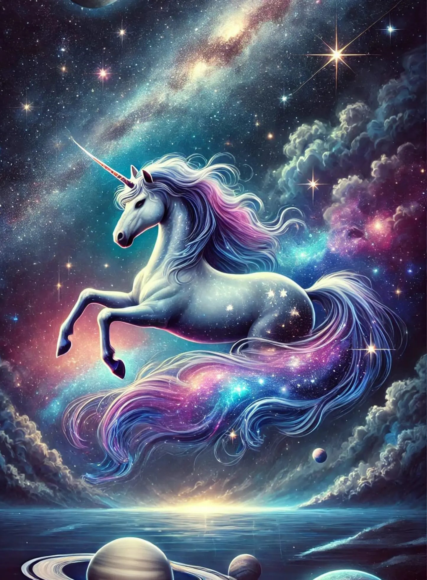 Galaktisches Einhorn mit lila Mähne galoppiert durch den Weltraum – fantasievoll und leuchtend.