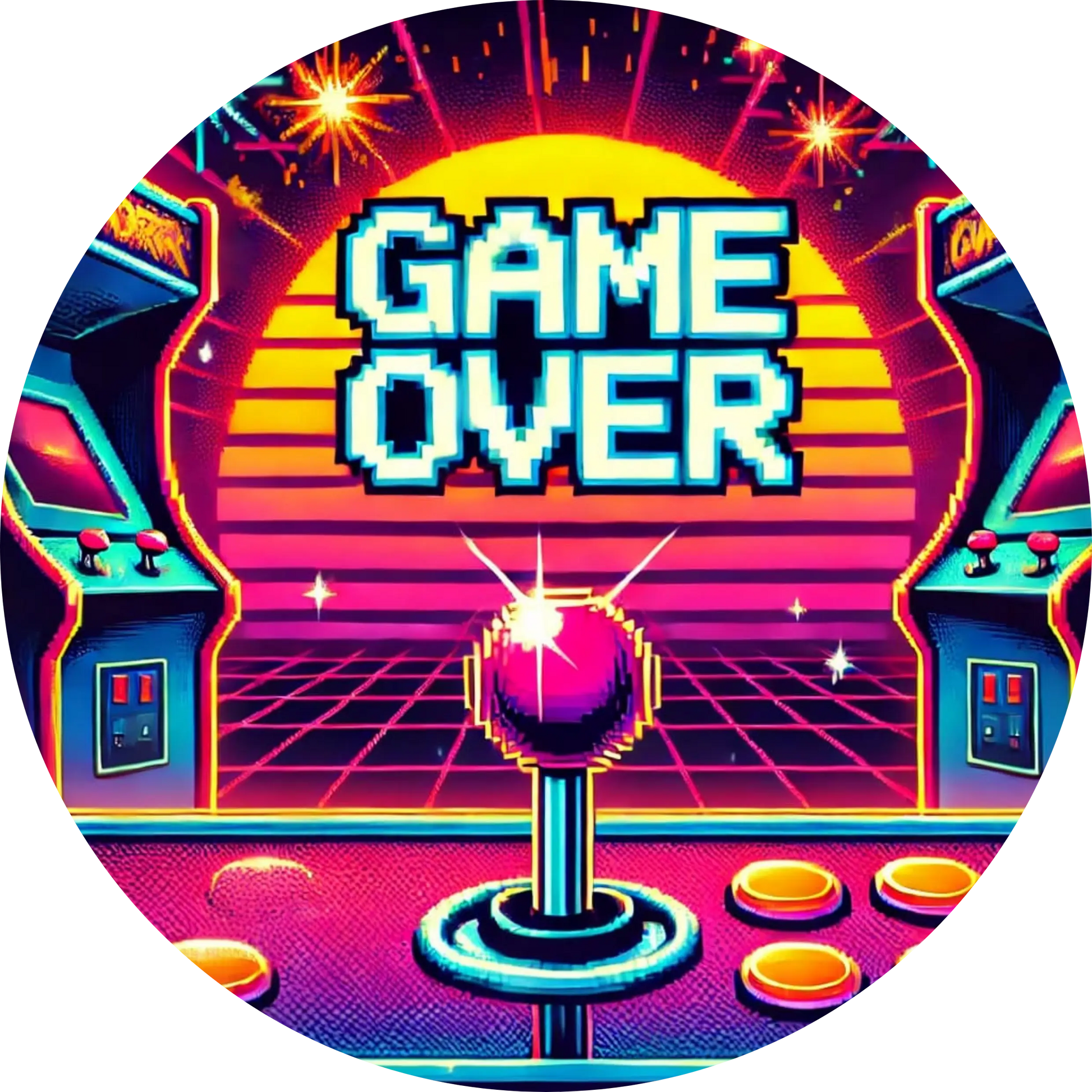 Game-Over-Animation in Retro-Spielautomaten-Optik mit Cocktailglas
