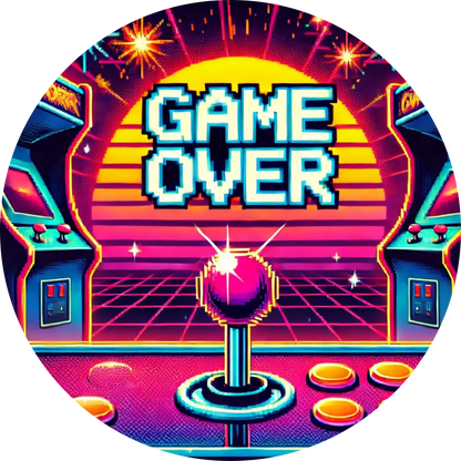 Game-Over-Animation in Retro-Spielautomaten-Optik mit Cocktailglas
