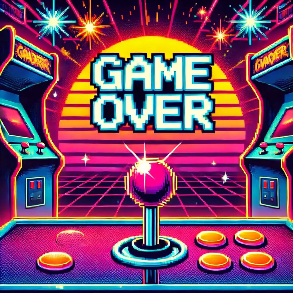 Arcade-Spiel mit „Game Over“-Schriftzug – Neon-Szene aus einem Arcade-Automaten mit Joystick und „Game Over“-Anzeige.