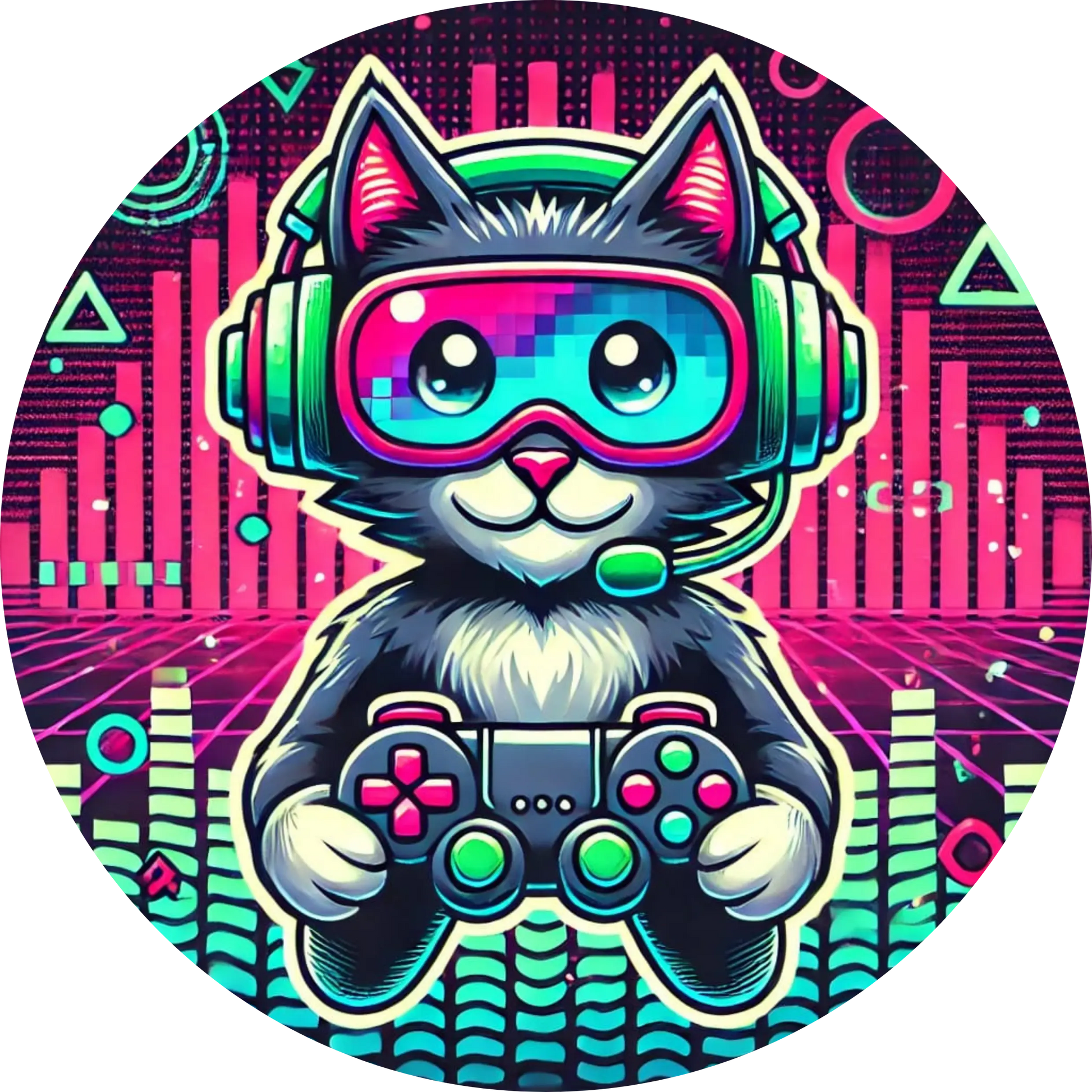 Gamer-Katze mit futuristischer VR-Brille in leuchtenden Farben