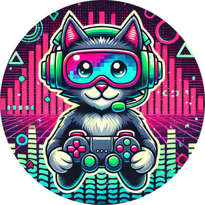 Gamer-Katze mit futuristischer VR-Brille in leuchtenden Farben