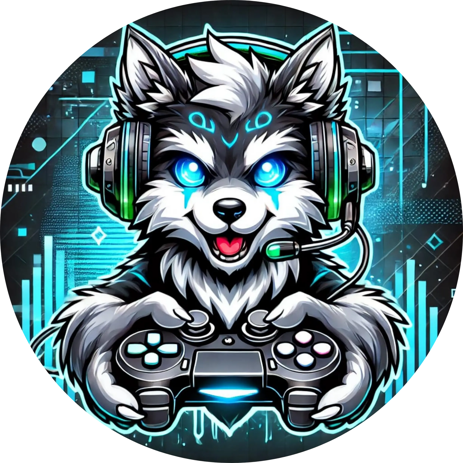 Gamer-Wolf mit leuchtend blauen Augen, Controller und Headset