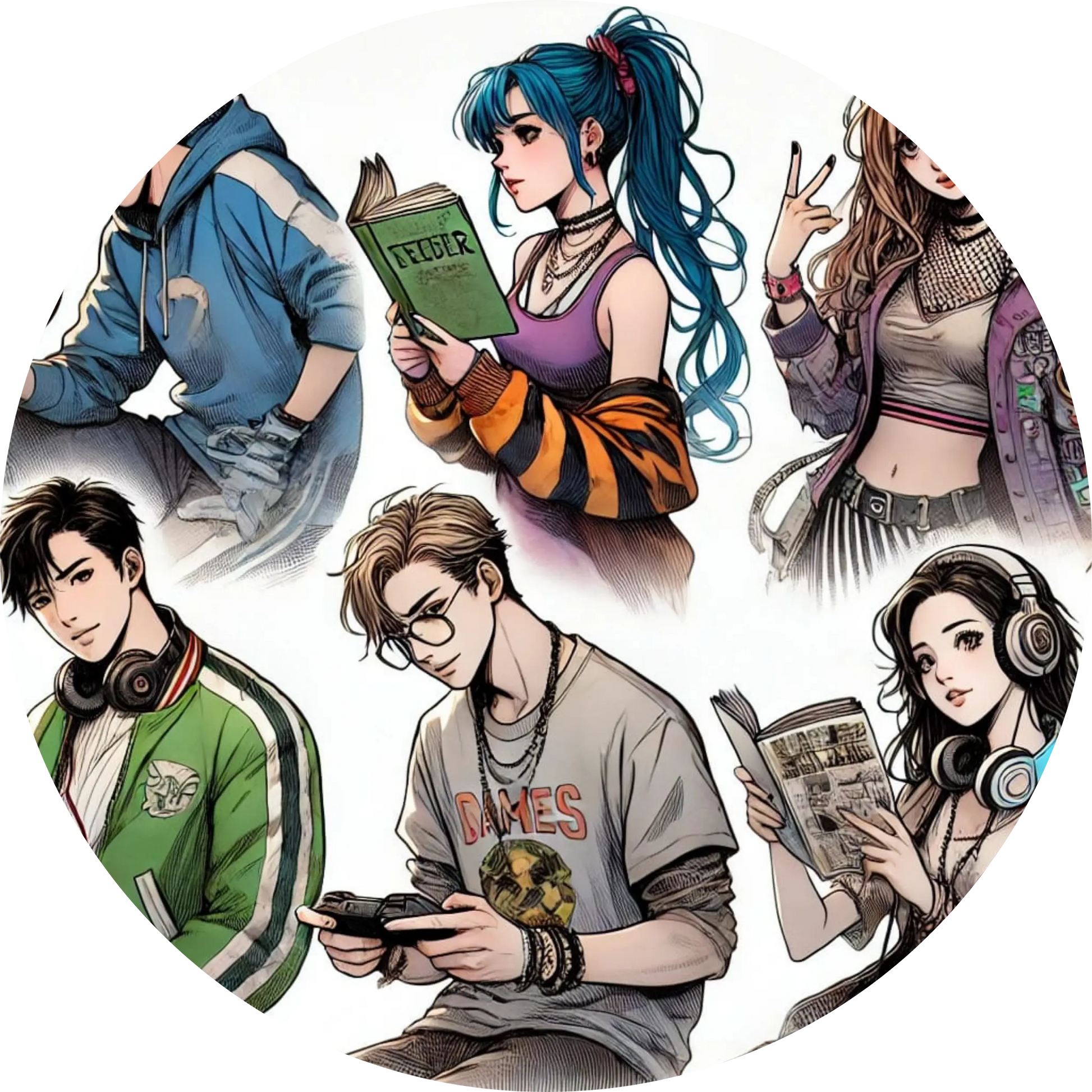 Vier Manga-Charaktere mit Headsets und Controllern in Gaming-Szene
