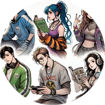 Vier Manga-Charaktere mit Headsets und Controllern in Gaming-Szene
