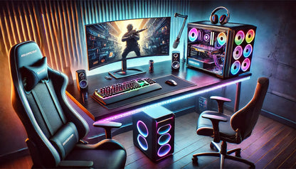 Futuristisches Gaming-Setup – Beleuchteter Gamer-Schreibtisch mit mehreren Monitoren, LED-Beleuchtung und modernem Stuhl.