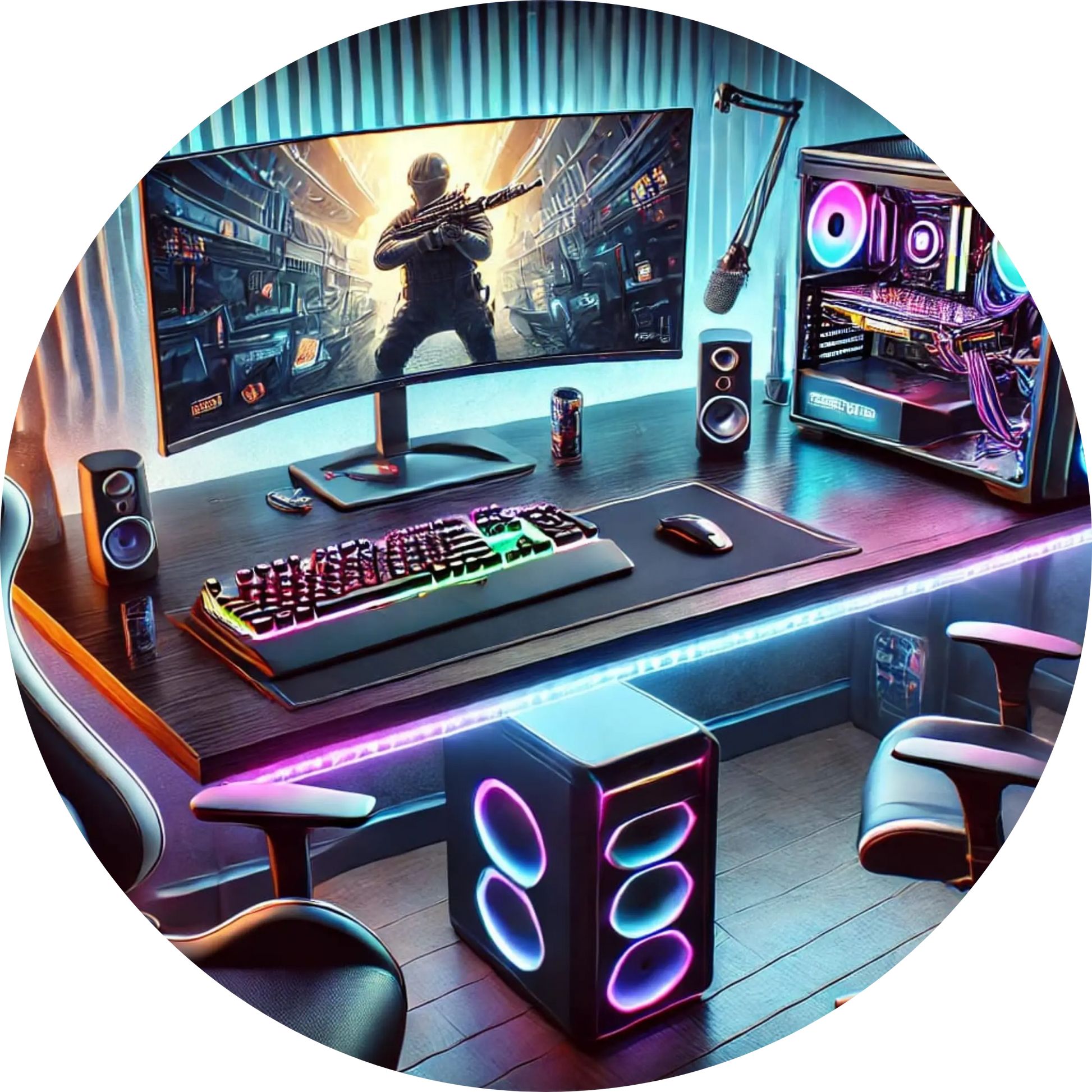 Gaming-Setup mit Bildschirm, Konsole und Beleuchtung im Future-Style
