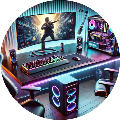 Gaming-Setup mit Bildschirm, Konsole und Beleuchtung im Future-Style
