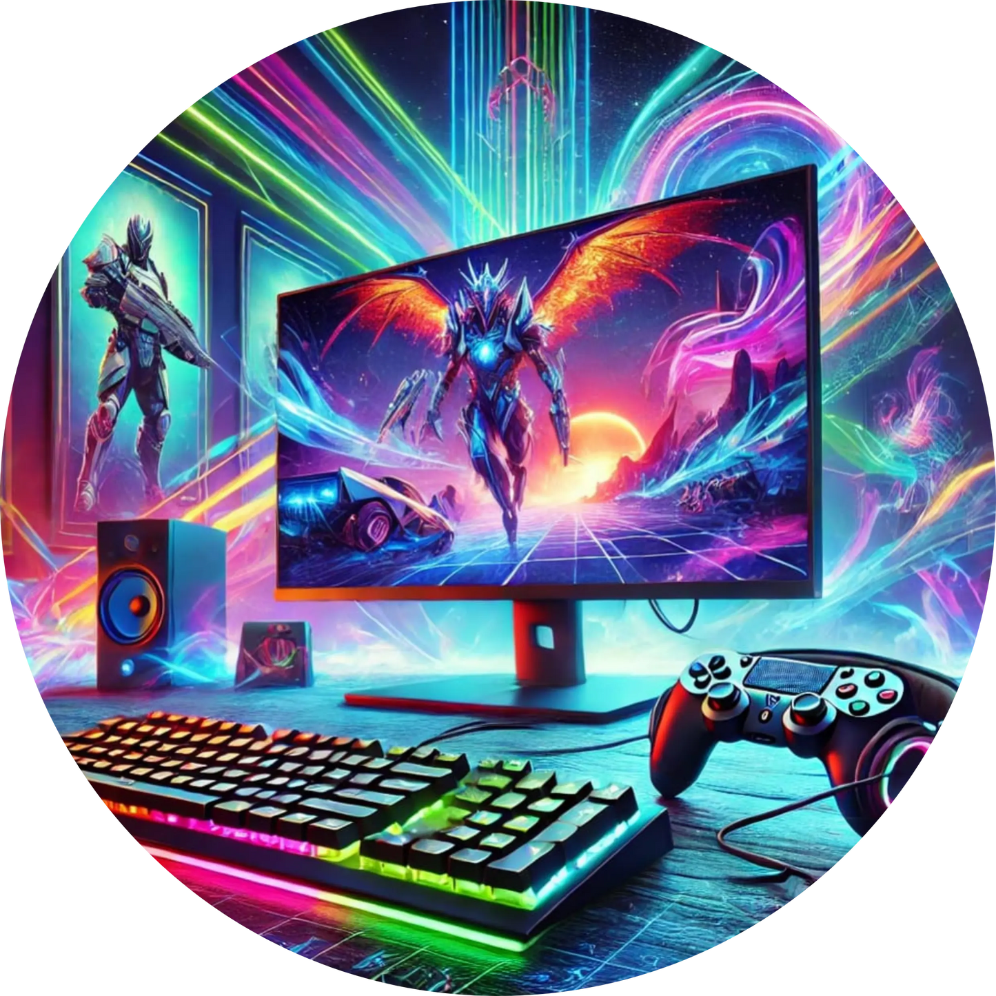 Gaming-Setup mit Neonlichtern und Controller
Buntes Gaming-Motiv mit leuchtenden Farben, Controller und dynamischem Spiele-Interface – perfekt für Gamer:innen und Technik-Fans.